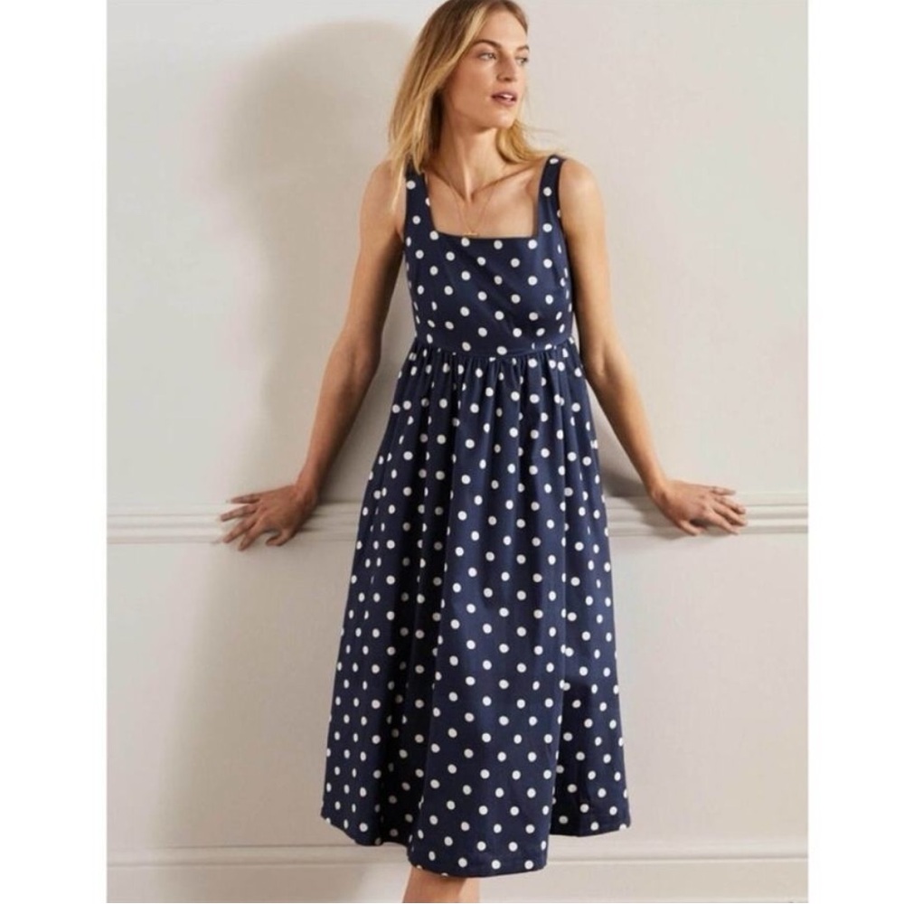 Boden Navy Polka Dot Square Neck Sleeveless Pleated Midi Dress